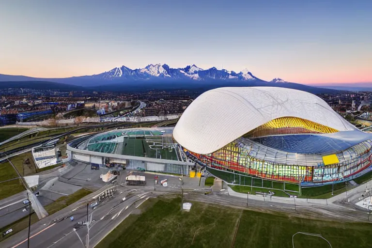 Prompt: architecture photo modern fachwerk football stadium with Elbrus mountain on the background, architecture, photorealism 8k , shining and happy atmosphere, uplight, high details