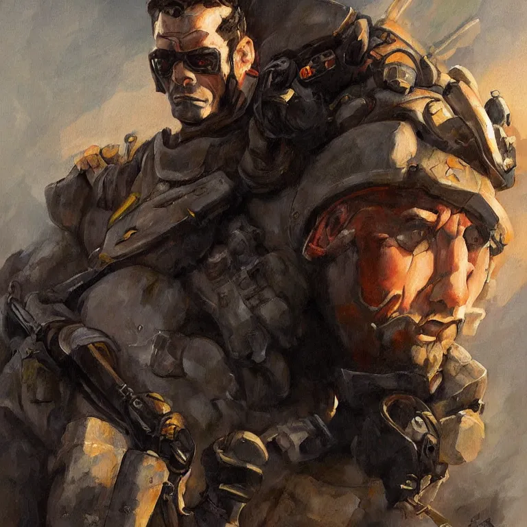 Prompt: a beautiful portrait painting in the style of frank frazetta of a half - life 2 combine soldier
