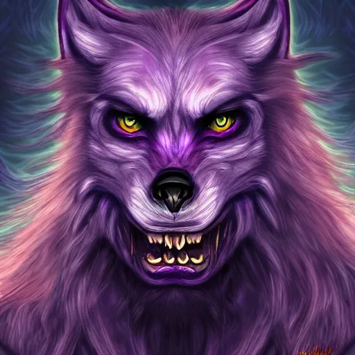 Image similar to a purple werewolf howling into a full moon, in the style of ayami kojima, realistic digital painting, very detailed