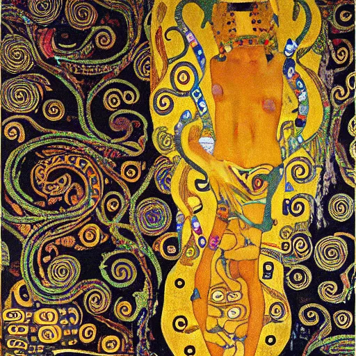 Image similar to intricate ouroboros feathered serpent large painting by gustav klimt