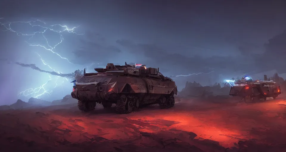 Image similar to an image of an armored vehicle in the night on a mountain with blue headlights on by Paul Chadeisson, atmospherical, heavy storm, lightnings, concept art, high detail, intimidating, cinematic, Artstation trending, octane render