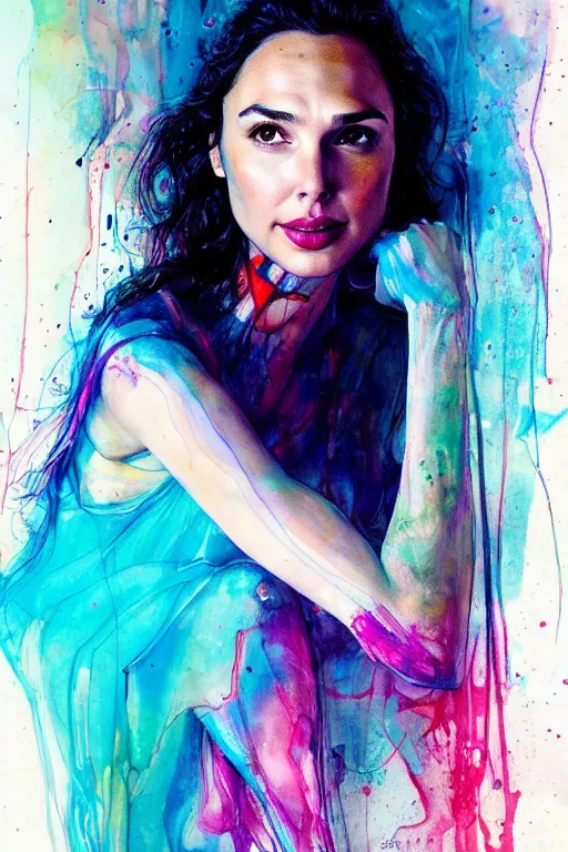 Image similar to gal gadot by agnes cecile enki bilal moebius, intricated details, sitting on a stool, full body portrait, extremely luminous bright design, pastel colours, drips, autumn lights