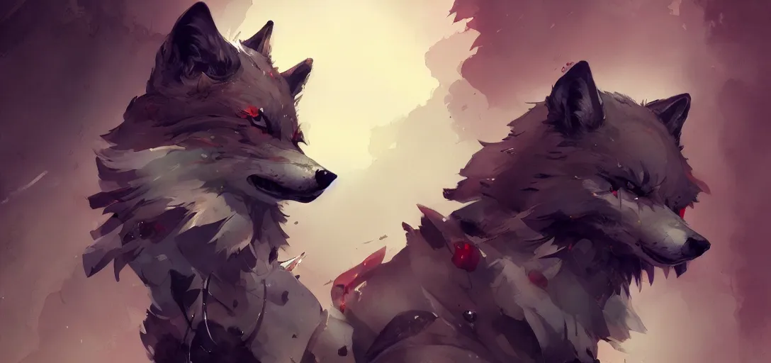 Image similar to concept art of anthropomorphized wolf fullbody, night themed, highly detailed painting by dustin nguyen, akihiko yoshida, greg tocchini, 4 k, trending on artstation, 8 k