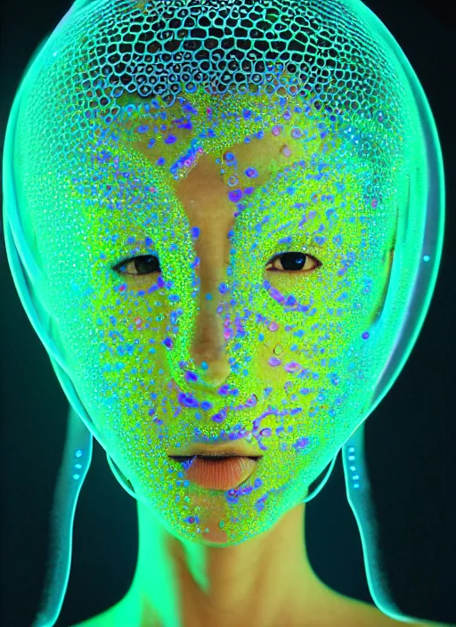 Image similar to 3 d goddess medium shot profile portrait. beautiful intricate highly detailed mask made entirely of bubbles and futuristic iridescent skin. dragonfly, 🪲, phosphorescence, water, reflections, creature, artwork by yayoi kusama, tooth wu and wlop and beeple and greg rutkowski, in the style of hudson river school,