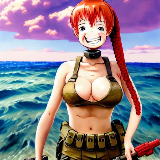 Prompt: Extremely Detailed and Full Portrait scene of Gooey Ocean scene in ink and refined sand, Red head pigtail anime woman with Military gear. Wearing a Army vest full body smiling while eating a sloppy cheese burger. The cheeseburger is leaking red sauce all over the beach by Akihito Yoshitomi AND Yoji Shinkawa AND Greg Rutkowski, Mark Arian trending on artstation