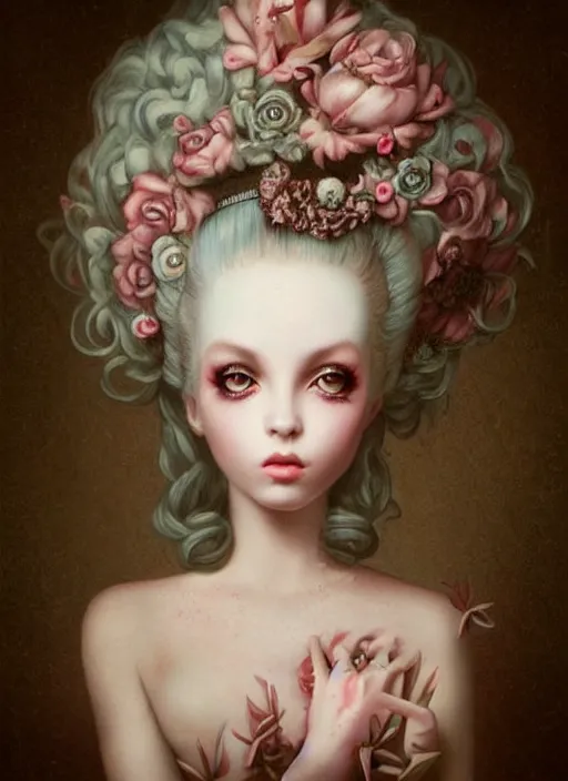 Image similar to pop surrealism, lowbrow art, realistic cute marie antoinette girl painting, japanese street fashion, hyper realism, muted colours, rococo, natalie shau, loreta lux, tom bagshaw, mark ryden, trevor brown style,