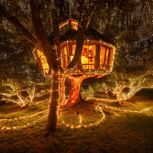 Prompt: cozy house inside a giant tree with fairy lights