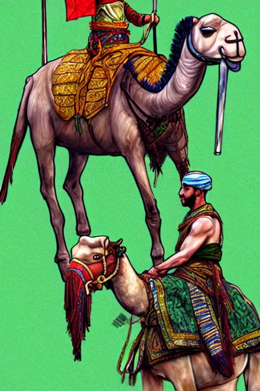 Prompt: a arabian warrior, ride camel he use green turf and flag, realistic, sketch and art by jacqueline e, colored by bo feng lin