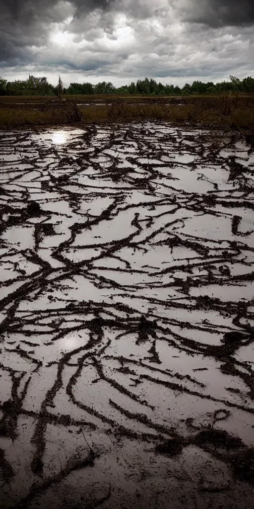 Prompt: thorns in the mud water drip photography sky realistic stormcloud with glimpses of flares