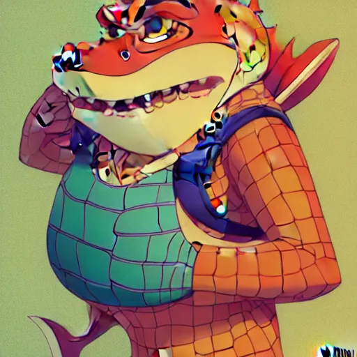 Prompt: in the style of artgerm, loish and pixar, anthropomorphic alligator, symmetrical face, symmetrical eyes, red scales on his back, yellow scale on his belly and chest, male, waring a hawaiian shirt, in the style of zootopia, hd, 4 k, high definition background