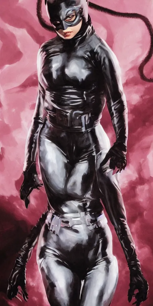 Image similar to full figure hyper realistic painting of young michelle pfeiffer as catwoman, hyper detailed, by clay mann, ayami kojima and greg rutkowski, trending on artstation, 3 light sources, rule of thirds, dutch angle