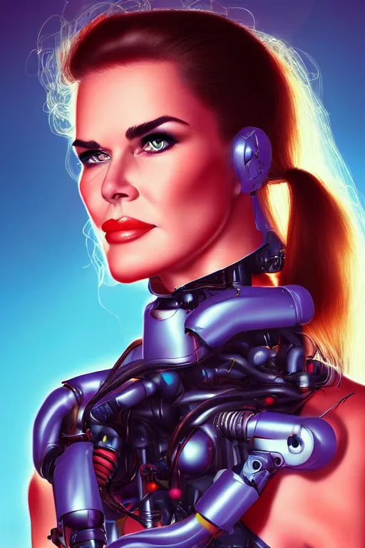 Image similar to mix of beautiful young maria shriver, mariel hemmingway, brooke shields, nicole kidman and elle macpherson as a cyborg terminator, thin lips, hair tied up in a pony tail, dark blonde hair, colorful, artstation, cgsociety