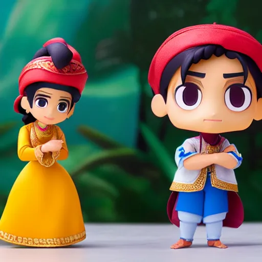 Image similar to cute animated pixar aladdin in traditional clothes as nendoroid, side view, 8 k hd dof, kodak film,