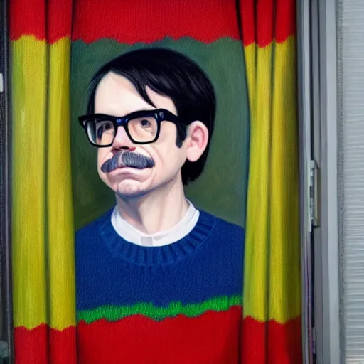 Image similar to An Oil Painting of Rivers Cuomo in a sweater with long hair and a mustache sweating bullets as he looks outside his window in his apartment to see kim jong un's nukes falling onto the city, hyperrealistic, extremely realistic, highly realistic, HD Quality, 4k resolution, 8k resolution, Detailed, Very Detailed, Highly Detailed, Extremely Detailed, Intricate Details, Real, Very Real, Oil Painting, Digital Painting, Painting, Trending on Deviantart, Trending on Artstation