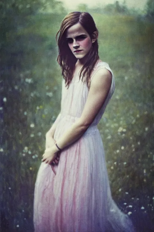 Prompt: color polaroid of Emma Watson by Andrei Tarkovsky, Richard Schmid, Jeremy Lipking full length shot, wearing in a summer dress, very detailed, stunning light, very beautiful face, crossed arms