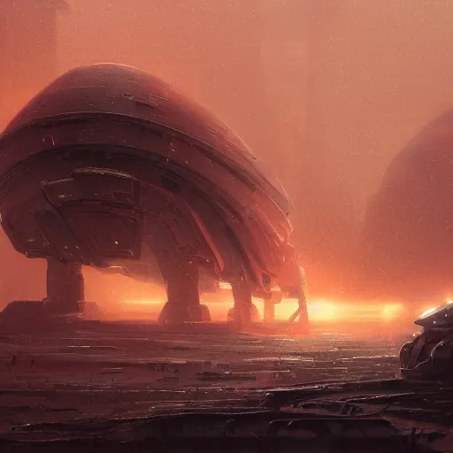 Image similar to scifi art by Greg Rutkowski, a heavy shuttle that is shaped like a brutalist-looking lobster, in the background, the distant silhouettes of a brutalist-looking planetary colony, hostile and desolate landscape, orange ambient light, detailed and intricate environment, high technology, digital painting, artstation, concept art, smooth, sharp foccus ilustration, Artstation HQ.