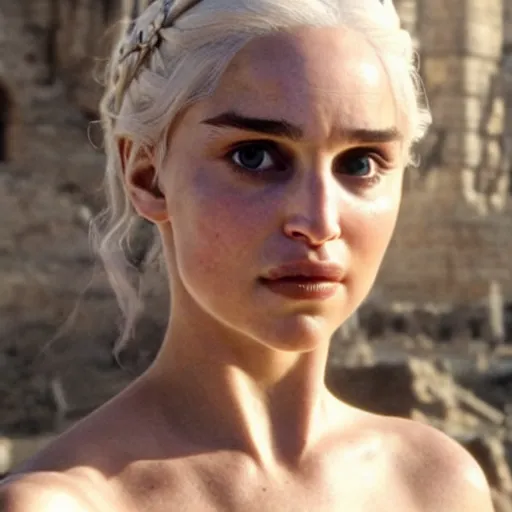 Image similar to a selfie of daenerys targaryen played by a young natalie portman, smooth skin, purple eye color, ethereal beauty, medium shot, detailed eyes, vivid, golden hour