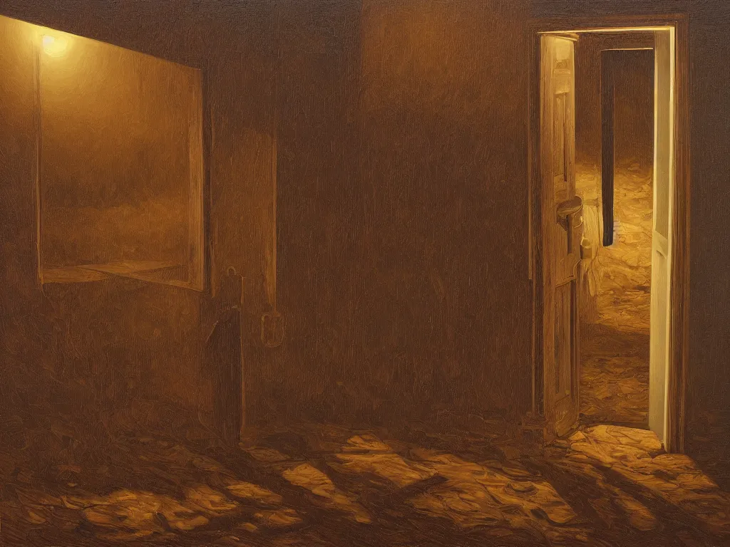 Prompt: a gust of night pushed its way in the door, by jeffrey smith, oil on canvas, dramatic lighting, smooth, sharp focus, extremely detailed, aesthetically pleasing composition