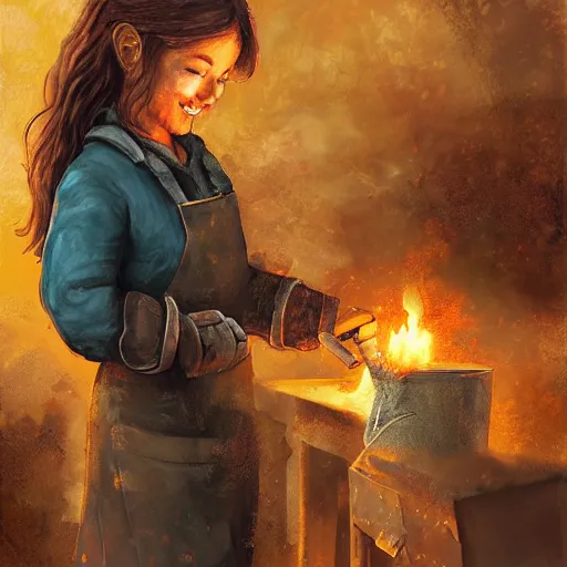 Image similar to the blacksmits’ daughter, working in the forge, a smile at her face, fantasy art in the style of Lilia Alvarado,