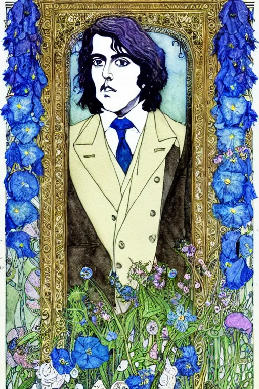 Image similar to realistic portrait of oscar wilde in the center of an ornate floral frame with blue meconopsis, detailed art by kay nielsen and walter crane, illustration style, watercolor