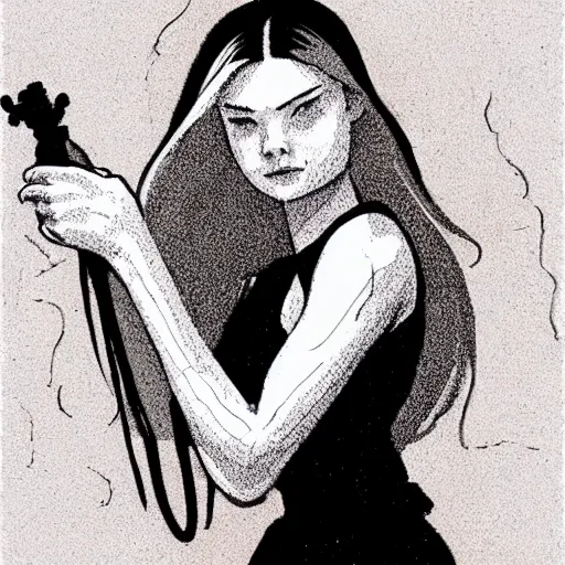 Prompt: illustration of Elle Fanning, by Mike Mignola. 8K. Extremely detailed.