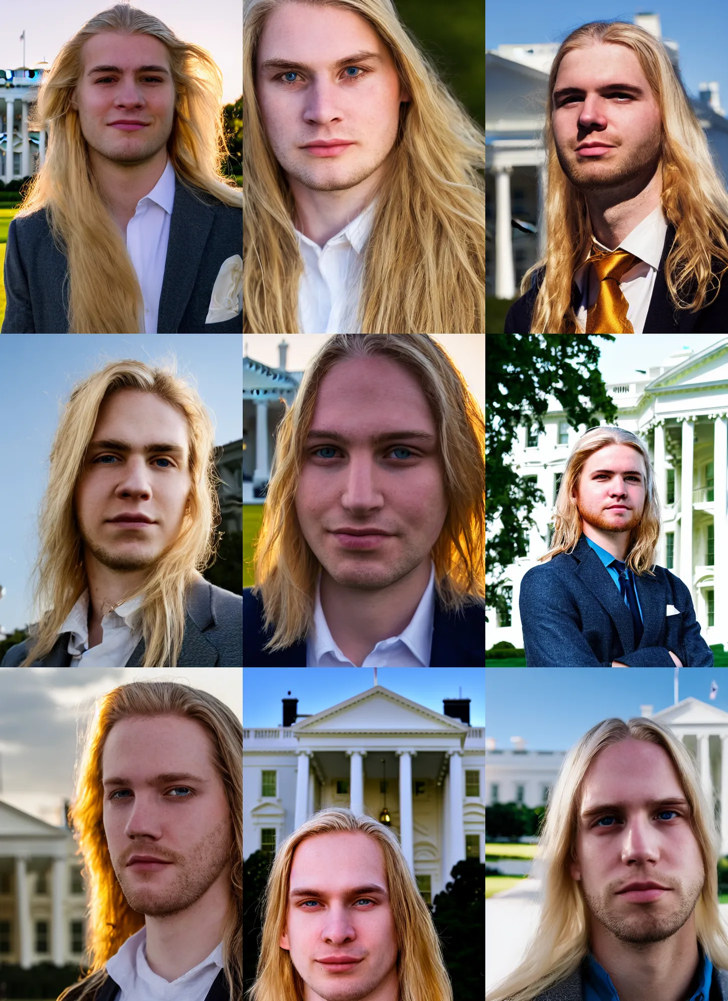 Prompt: close up portrait photo of a pale young man with really long blond hair in front of the white house, high quality, golden hour