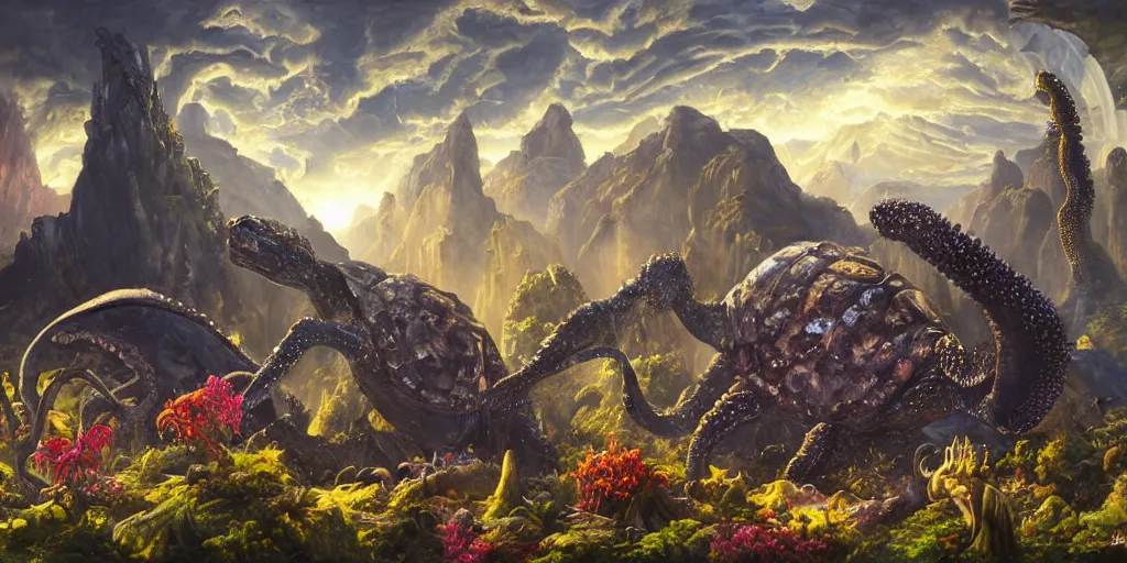 Image similar to fantasy oil painting, great leviathan, cybernetic turtle cephalopod terrapin reptilian pachyderm squid, bella hadid, hybrid, milla jovovich, anubis, epic natural light, lush plants flowers, spectacular mountains, bright clouds, luminous sky, outer worlds, golden hour, michael cheval, edward hopper, michael whelan, vray, hd