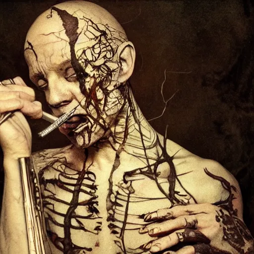 Prompt: necromancer blowing down a flute, scars and veins and intricate tattoos , by Emil Melmoth, Mikhail Vrubel, Sebastian Pether, Abbondio Stazio, Luis Ricardo Falero , high detail, cinematic
