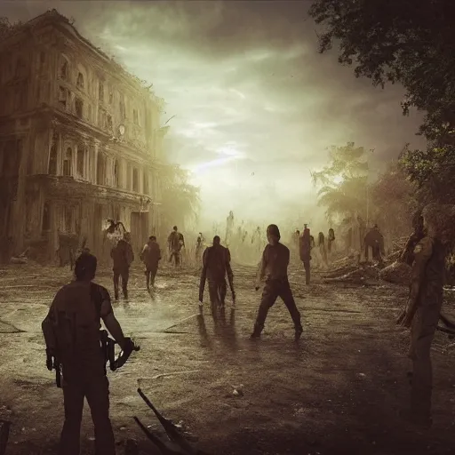 Prompt: Realistic art of zombie apocalypse in lost city, ultra detailed, photorealistic,8K,HD, sky light, foggy, police signals, peoples panic,