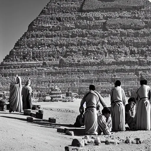 Image similar to egyptian workers wearing ancient clothing building the pyramids, historical reenactment, incredibly detailed, dramatic lighting, cinematic lens flare, 3 5 mm digital photo