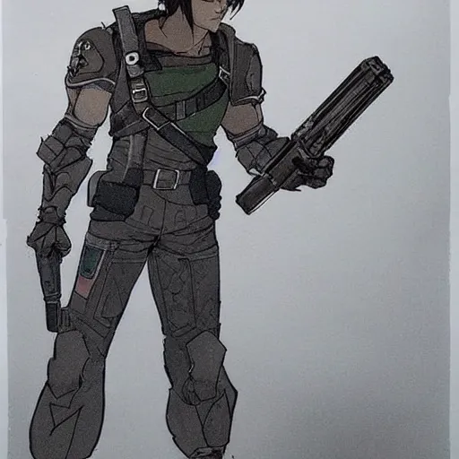 Prompt: link from zelda wearing a resident evil suit with gun by yoji shinkawa, concept art