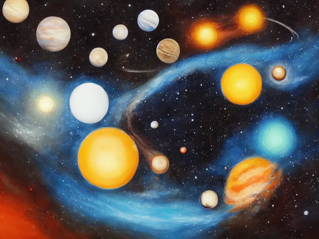 Image similar to A beautiful painting of a five planets, There are only five planets that are black, white, yellow, red, and blue, behind the galaxy and the universe, Trending on artstation, starry sky, Gioele Muscolino