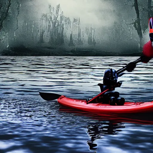 Prompt: darth vader fighting pennywise the clown on a kayak in the middle of a creepy lake, ultra high def, hyper realistic, photo