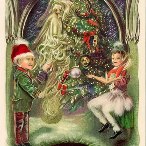 Prompt: a breathtakingly weird bizarre victorian christmas card