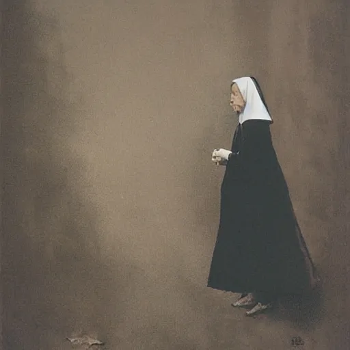 Image similar to a young black nun smoking and puffing lots of smoke, minimalistic background, by Beksinski