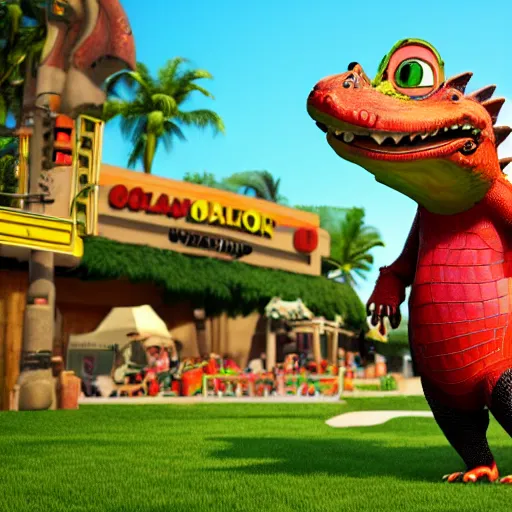 Image similar to 3 d render, anthropomorphic alligator, red scales on his back, yellow scale on his belly and chest, male, waring a hawaiian shirt, in the style of zootopia, hd, 4 k, high definition background