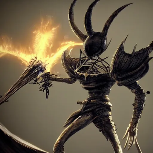 Image similar to hornet from hollow knight as a dark souls boss, looks like dark souls game, high detail, realistic