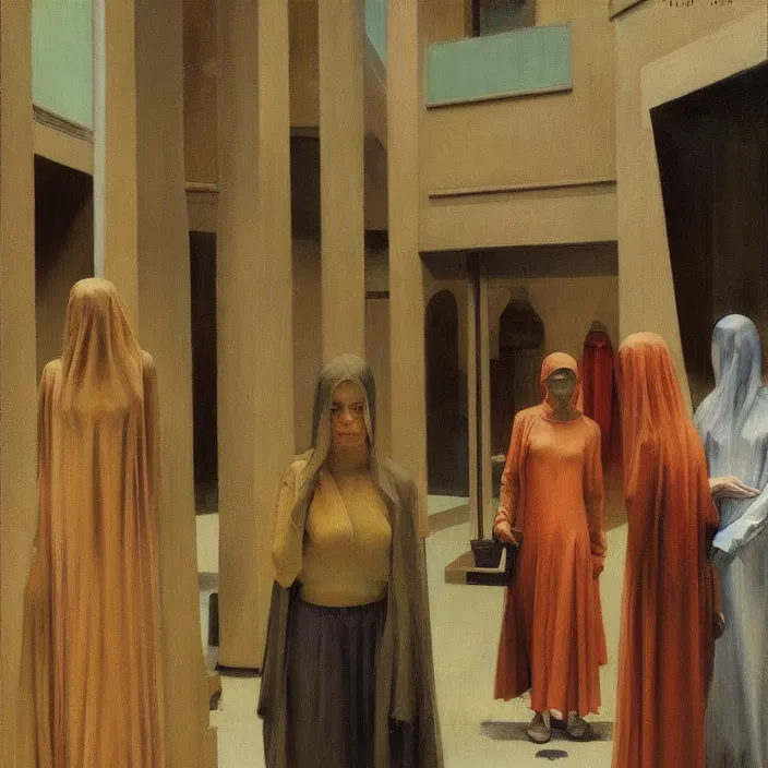 Prompt: woman in transparent robes, short skirt, in magnificent shopping mall, oil painting by edward hopper, zdislav beksinski, wayne barlowe