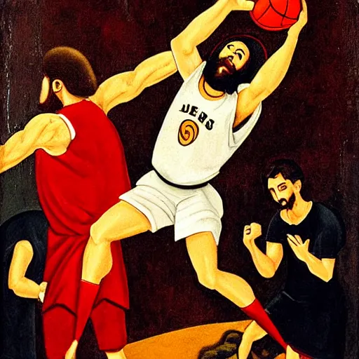 Prompt: jesus beating the devil at basketball