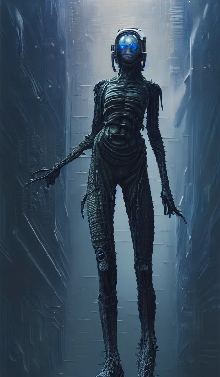 Image similar to a highly detailed long shot photo of cyberpunk female character by ayami kojima, elf, beksinski, giger, elf, rifle, intricate, digital painting, artstation, concept art, smooth, sharp focus, full body shot