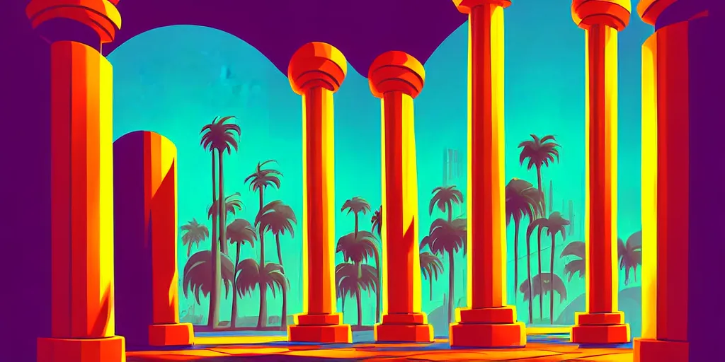 Image similar to curled perspective digital art of medium plane casino door with marble columns and palmtrees by anton fadeev from nightmare before christmas