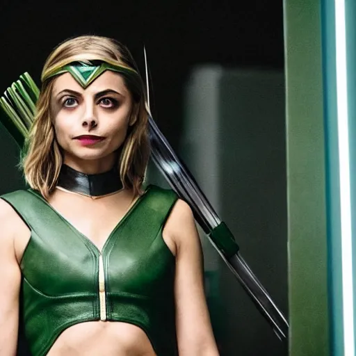 Image similar to film still of willa holland as an attractive female green arrow in the 2 0 1 7 film justice league, bleach blonde hair, focus - on - facial - details!!!!!!!!!!!!, minimal bodycon feminine costume, dramatic cinematic lighting, front - facing perspective, promotional art