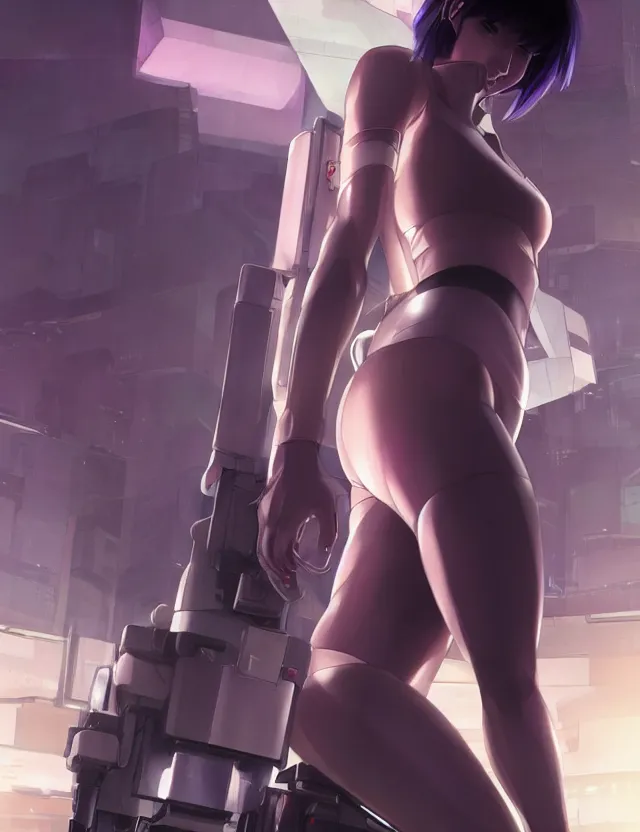 Image similar to a fullbody portrait of motoko kusanagi the major ghost in the shell : : stand alone complex, under repairs, maintenance : : by ilya kuvshinov, rossdraws, artgerm, sola digital arts, anti aliasing, raytracing : :