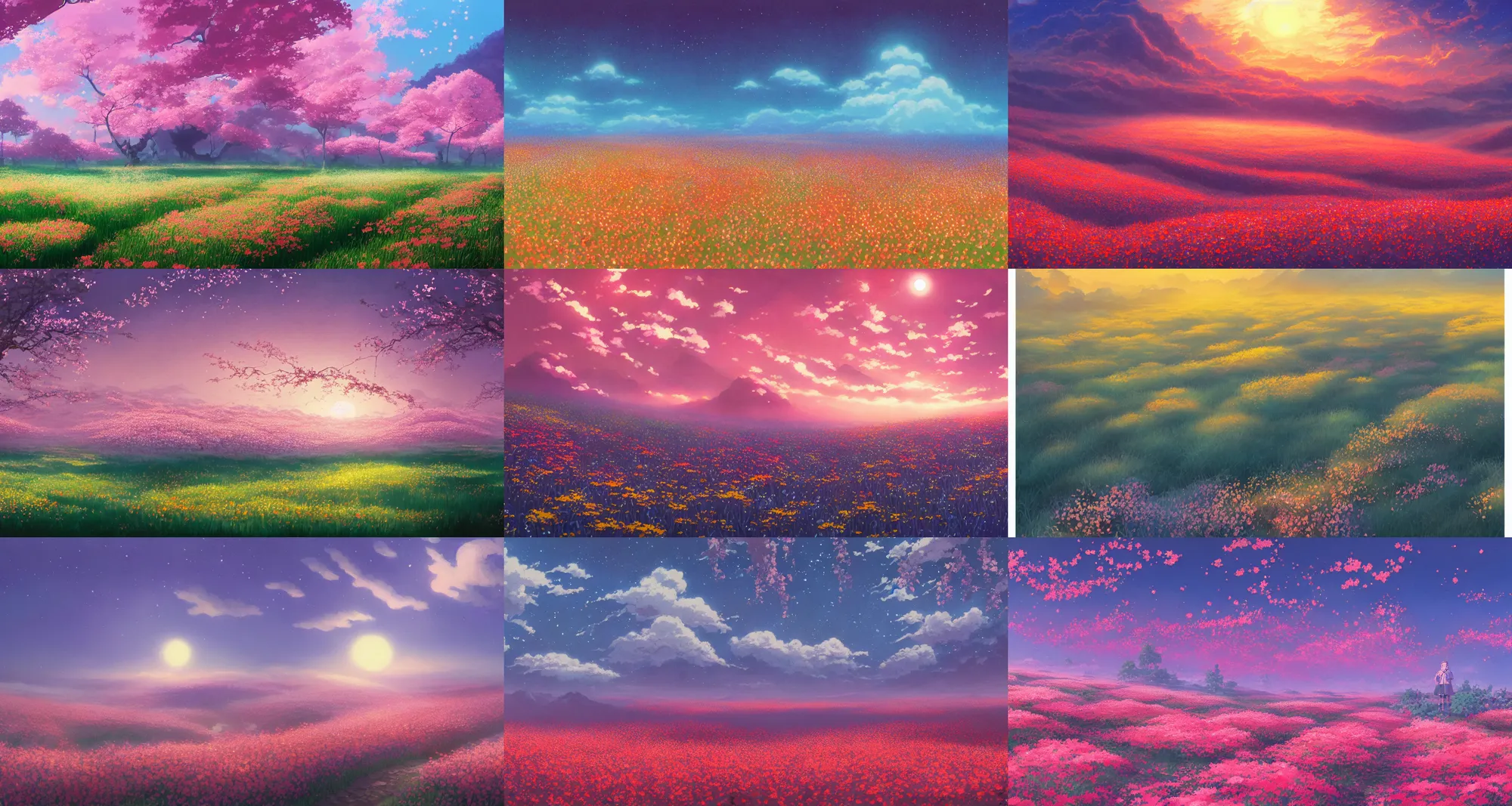 Prompt: a gouache painting of endless field of glowing blossoms by kazuo oga, in the studio ghibli anime film, matte painting by senior environment artist, anime aesthetic, fantasy art, official art, concept art, featured on artstation
