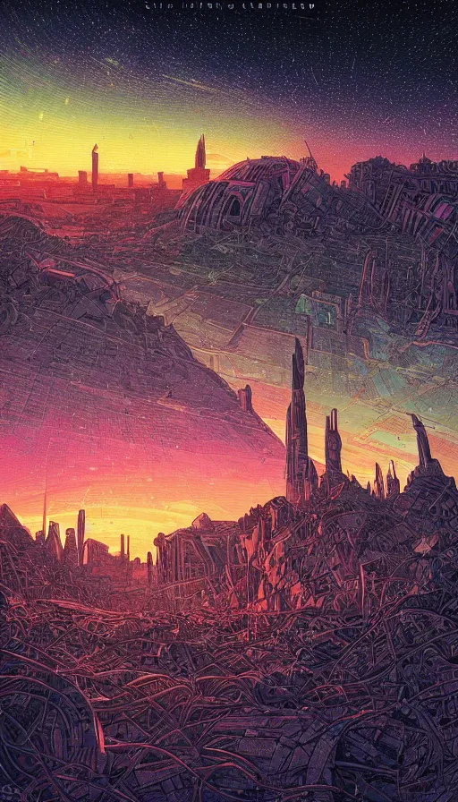 Image similar to The abandoned lands of the city under starlit sky at sunset, futurism, da vinci, Dan Mumford, Josan Gonzalez