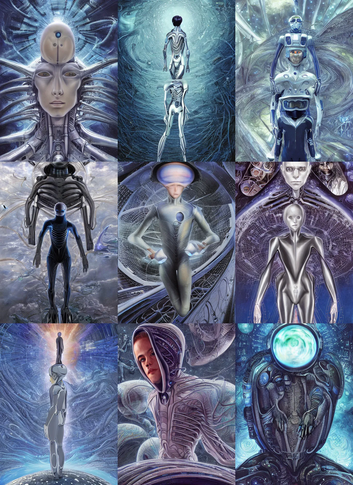 Prompt: a teen male in futuristic suit falls into a dream within a dream within a dream within a dream within a dream, h. r. giger, junji ito, alex grey, salvador dali, fractal, surreal art, semi realistic anime, studio ghibli, makoto shinkai, award winning illustration, masterpiece, trending on pixiv, 8 k