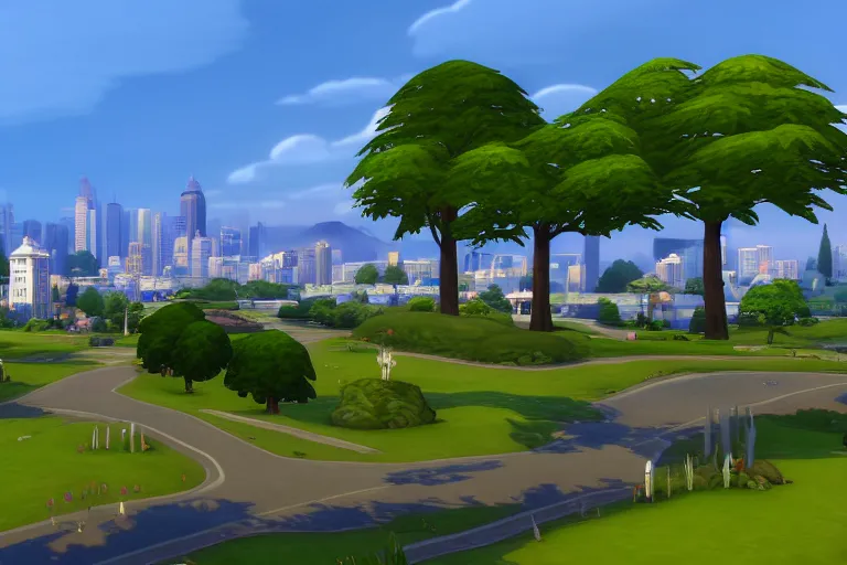 Image similar to serene landscape with a city on the Background in the style of Sims 4