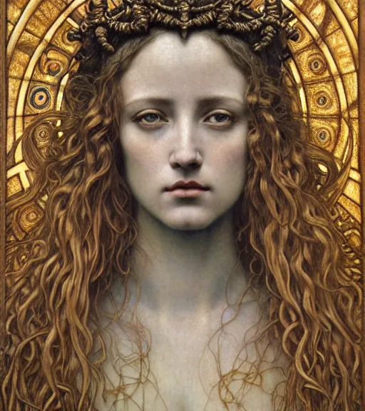 Image similar to detailed realistic beautiful young medieval queen of atlantis face portrait by jean delville, gustave dore and marco mazzoni, art nouveau, symbolist, visionary, gothic, pre - raphaelite. horizontal symmetry by zdzisław beksinski, iris van herpen, raymond swanland and alphonse mucha. highly detailed, hyper - real, beautiful