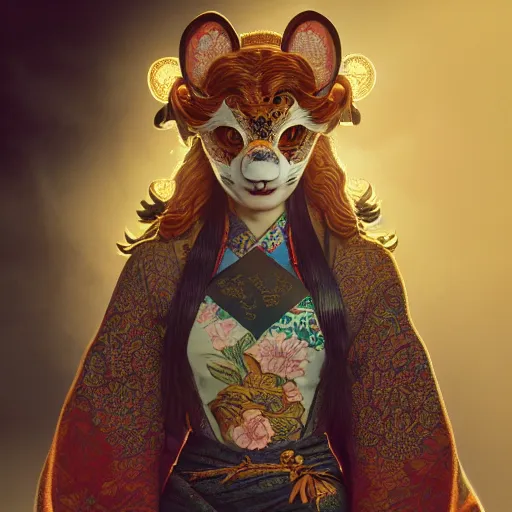 Image similar to a photorealistic dramatic fantasy render of a beautiful woman wearing a beautiful intricately detailed japanese komainu kitsune mask and clasical japanese kimono by wlop, artgerm, greg rutkowski, alphonse mucha, beautiful dynamic dramatic dark moody lighting, shadows, cinematic atmosphere, artstation, concept design art, octane render, 8 k