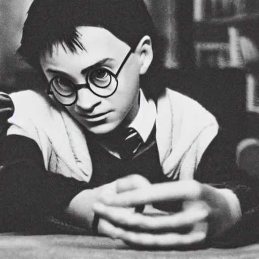 Prompt: 35mm photo of harry potter black and white